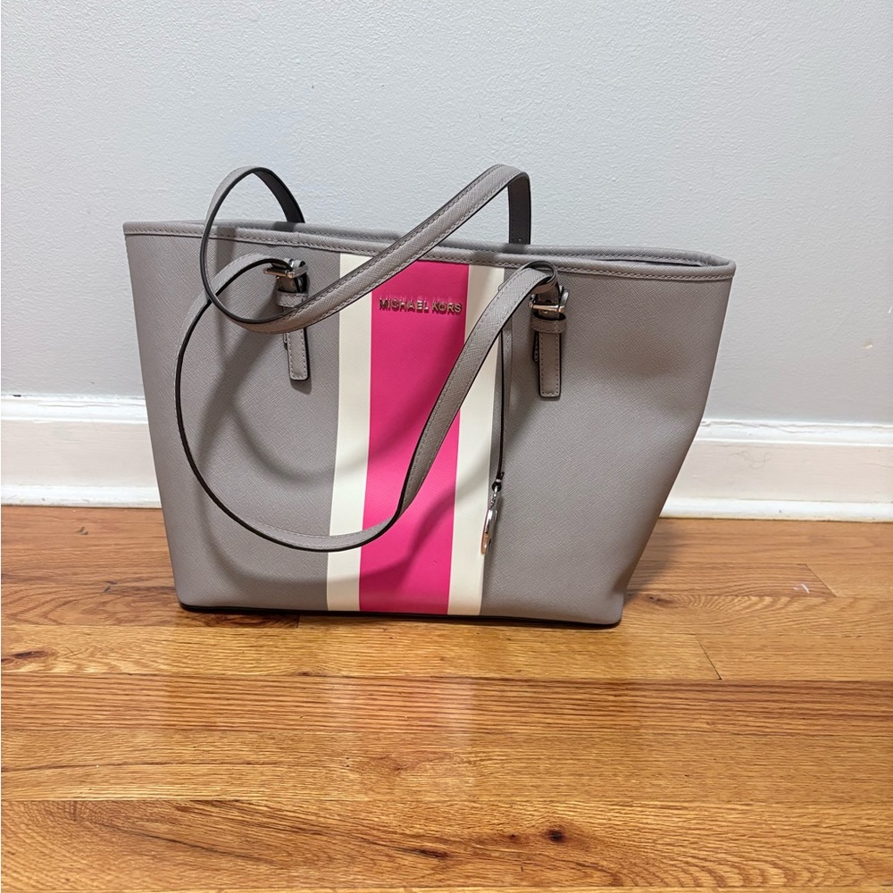 Michael Kors Gray Tote with Pink Stripe